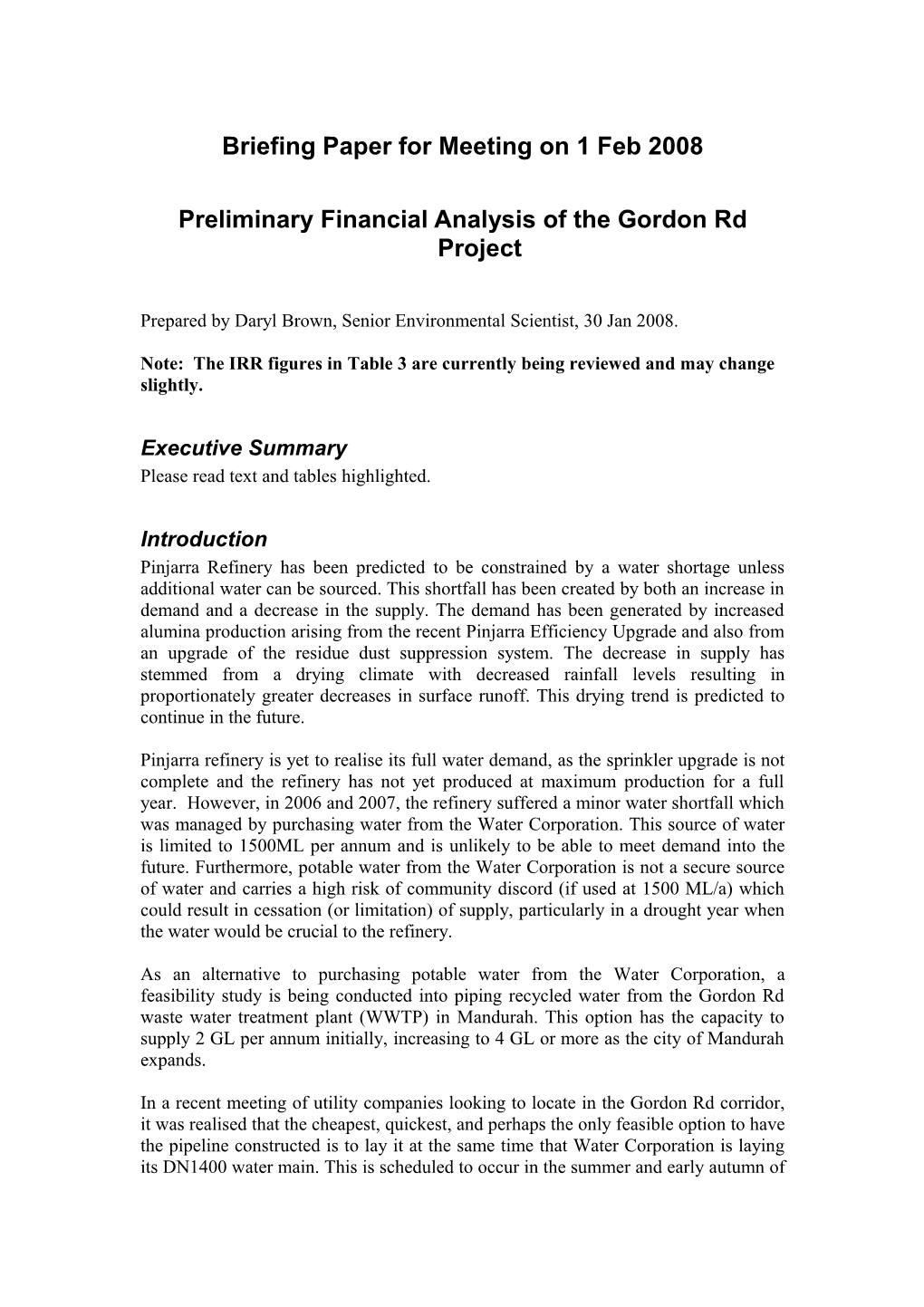 Preliminary Financial Analysis of the Gordon Rd Project