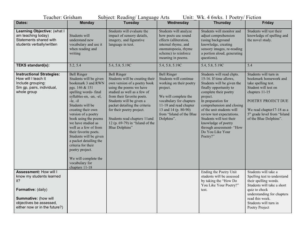 Teacher: Grisham Subject: Reading/ Language Arts Unit: Wk. 4 6Wks. 1 Poetry/ Fiction