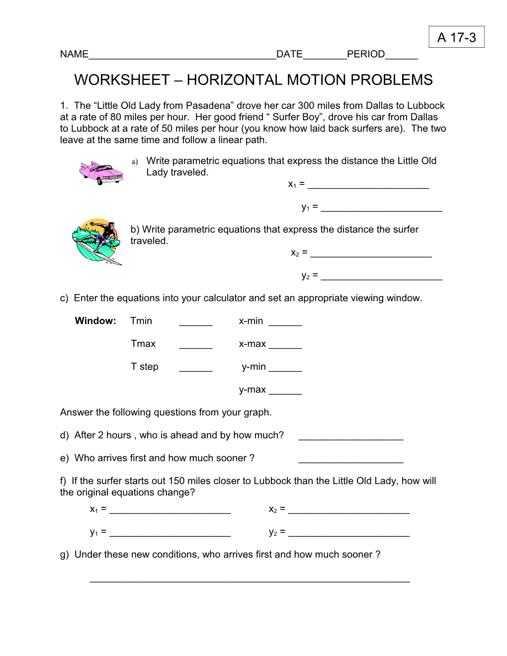 Worksheet Horizontal Motion Problems