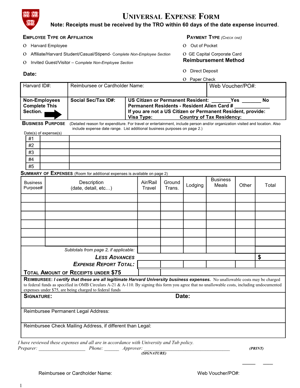 Harvard University Reimbursement Form (EUR Selected Version)