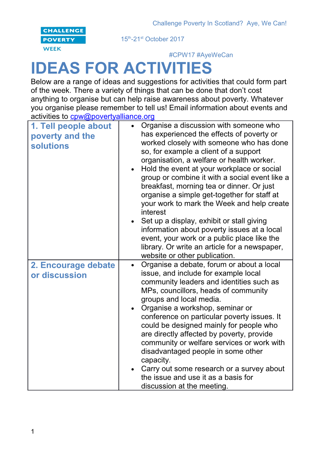 Ideas for Activities