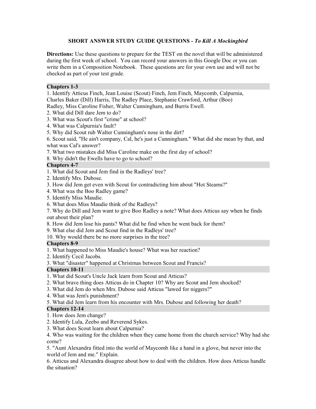 SHORT ANSWER STUDY GUIDE QUESTIONS - to Kill a Mockingbird