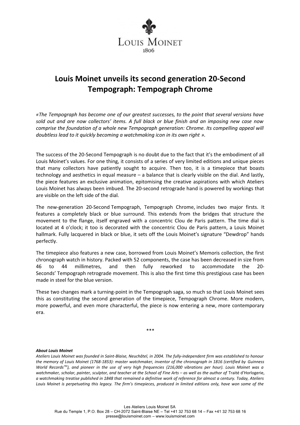 Louis Moinet Unveils Its Second Generation 20-Second Tempograph: Tempograph Chrome