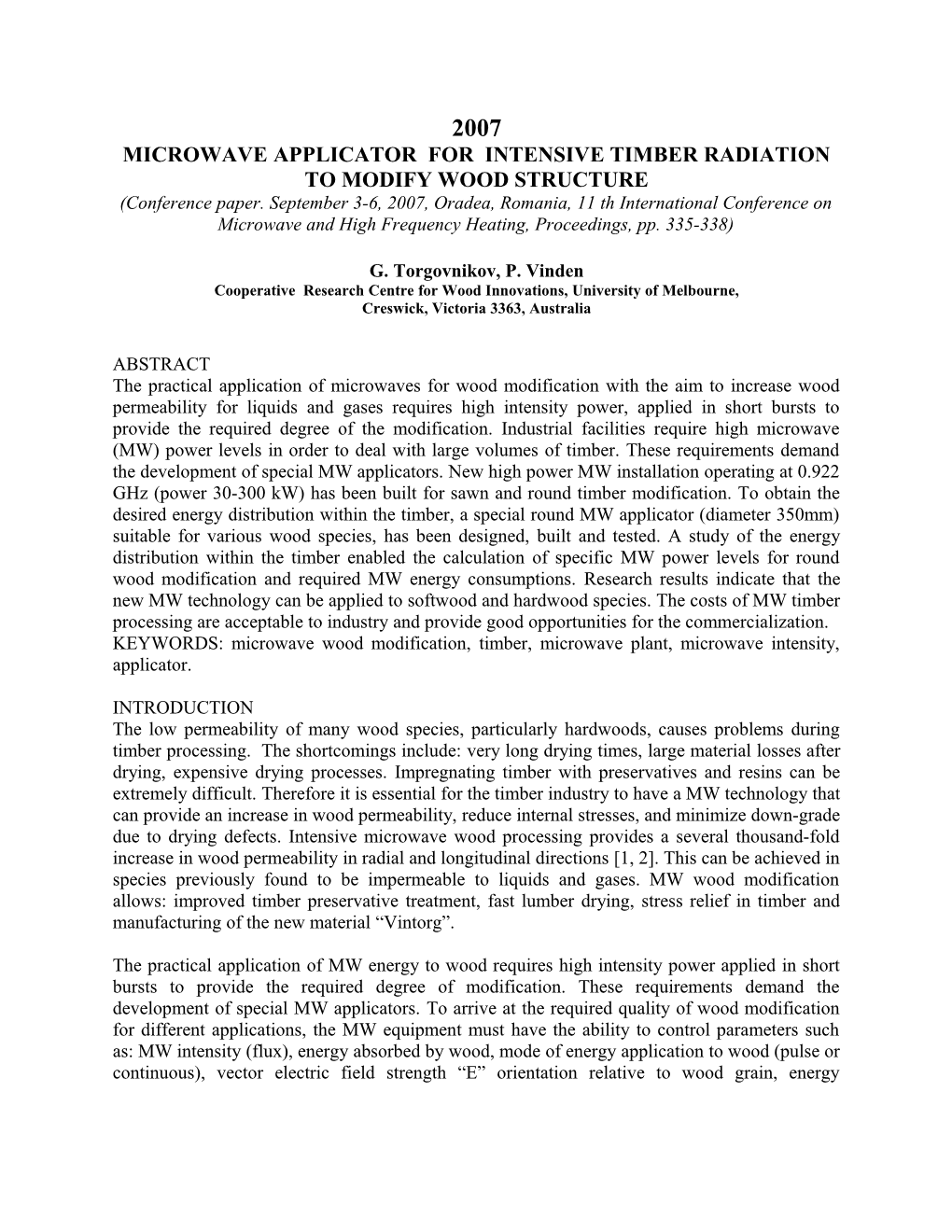 Microwaveapplicator for Intensive Timber Radiation to Modify Wood Structure