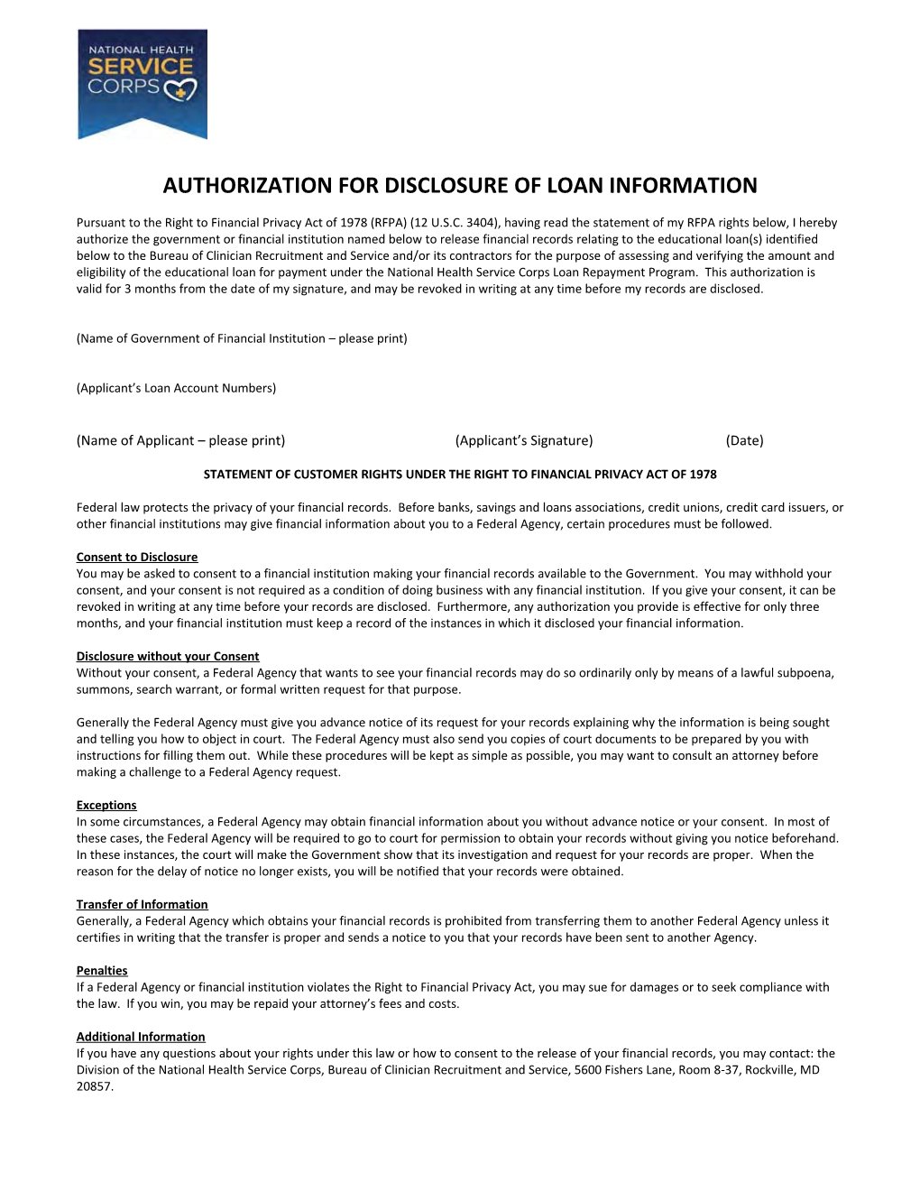 Authorization for Disclosure of Loan Information