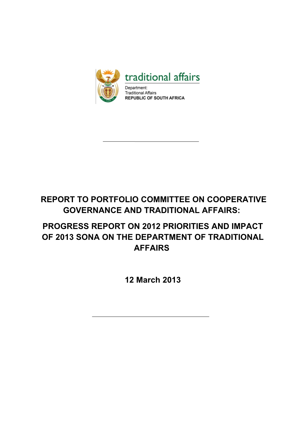 Report to Portfolio Committee on Cooperative Governance and Traditional Affairs