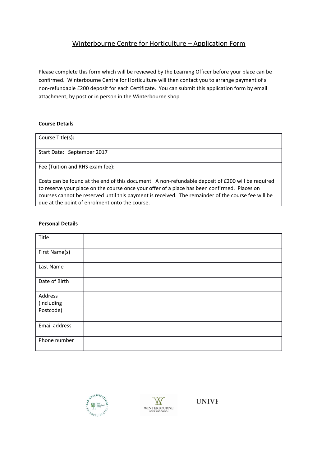 Winterbourne Centre for Horticulture Application Form