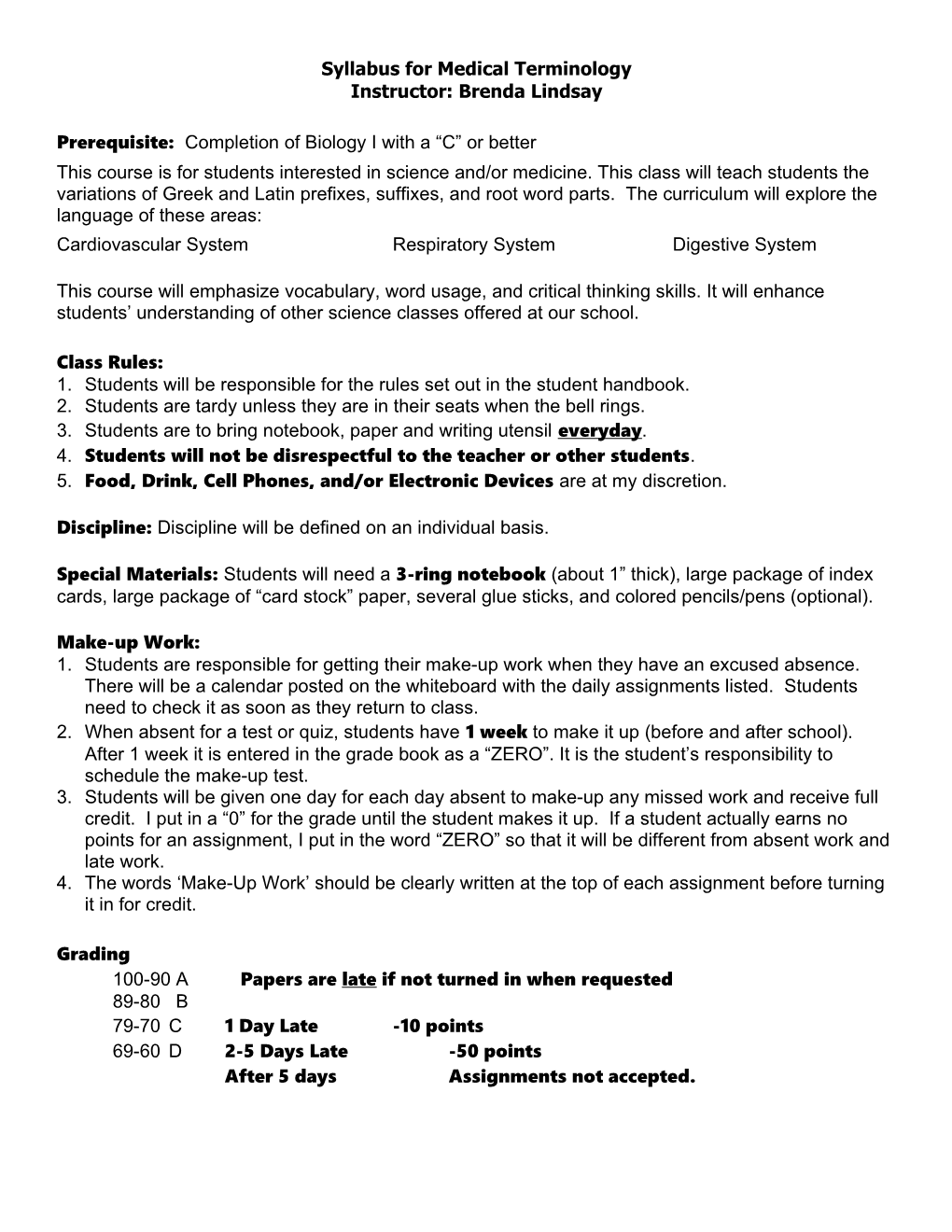 CURRICULUM SUGGESTION - Medical Terminology (1 Semester)