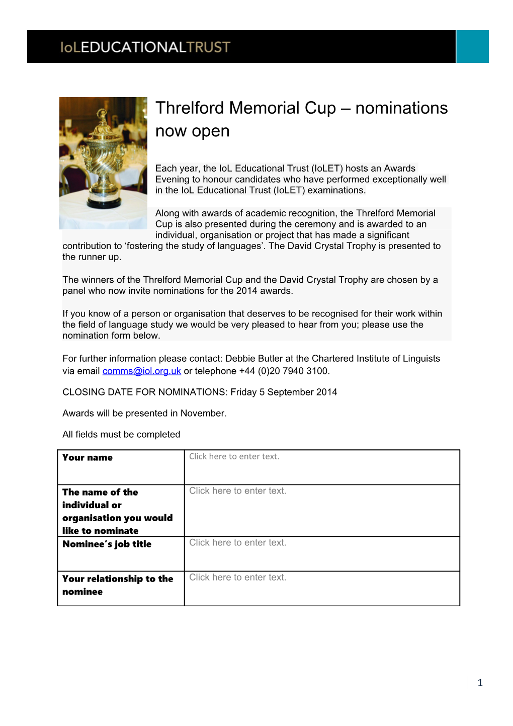 Threlford Memorial Cup Nominations Now Open