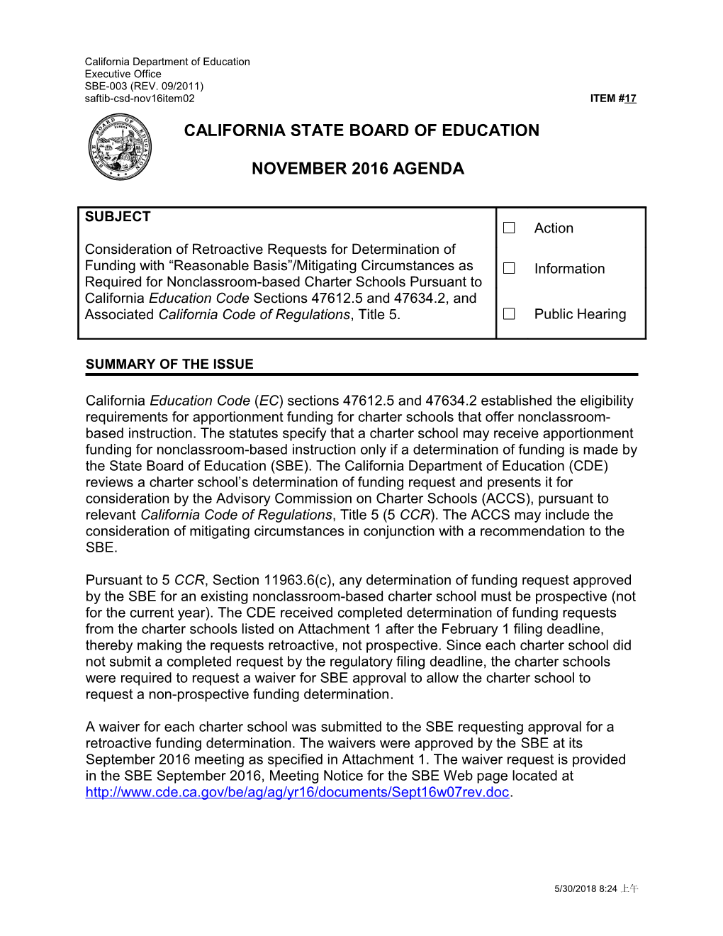 November 2016 Agenda Item 17 - Meeting Agendas (CA State Board of Education)