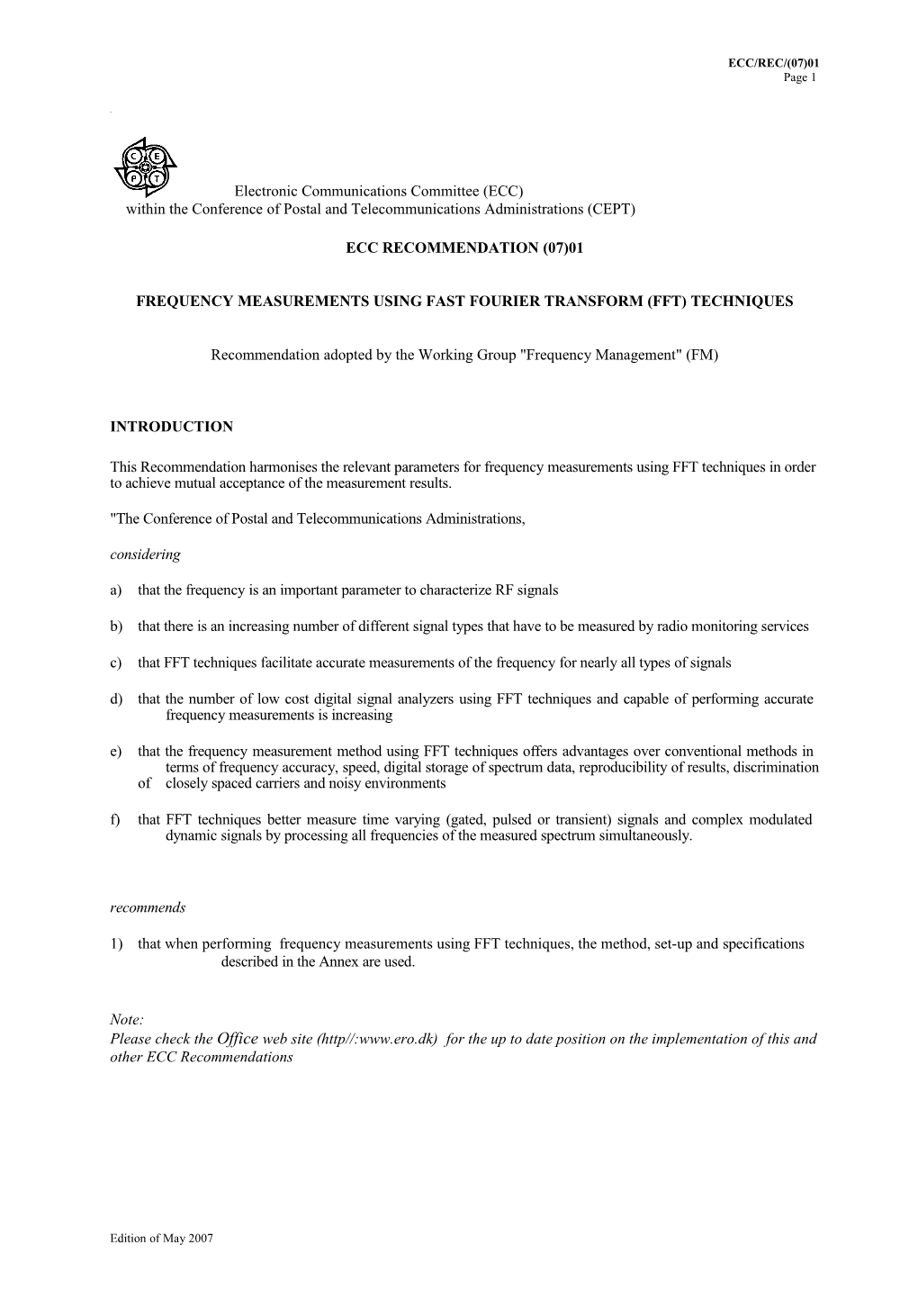 Draft ECC Rec. on FFT Measurements