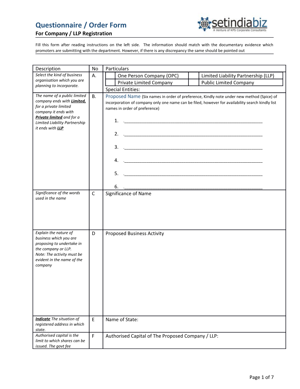 Questionnair for Company Registration