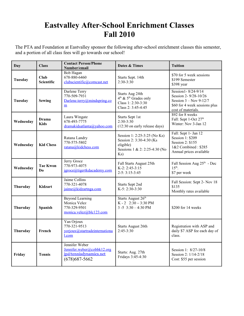 Eastvalley After School Enrichment Classes