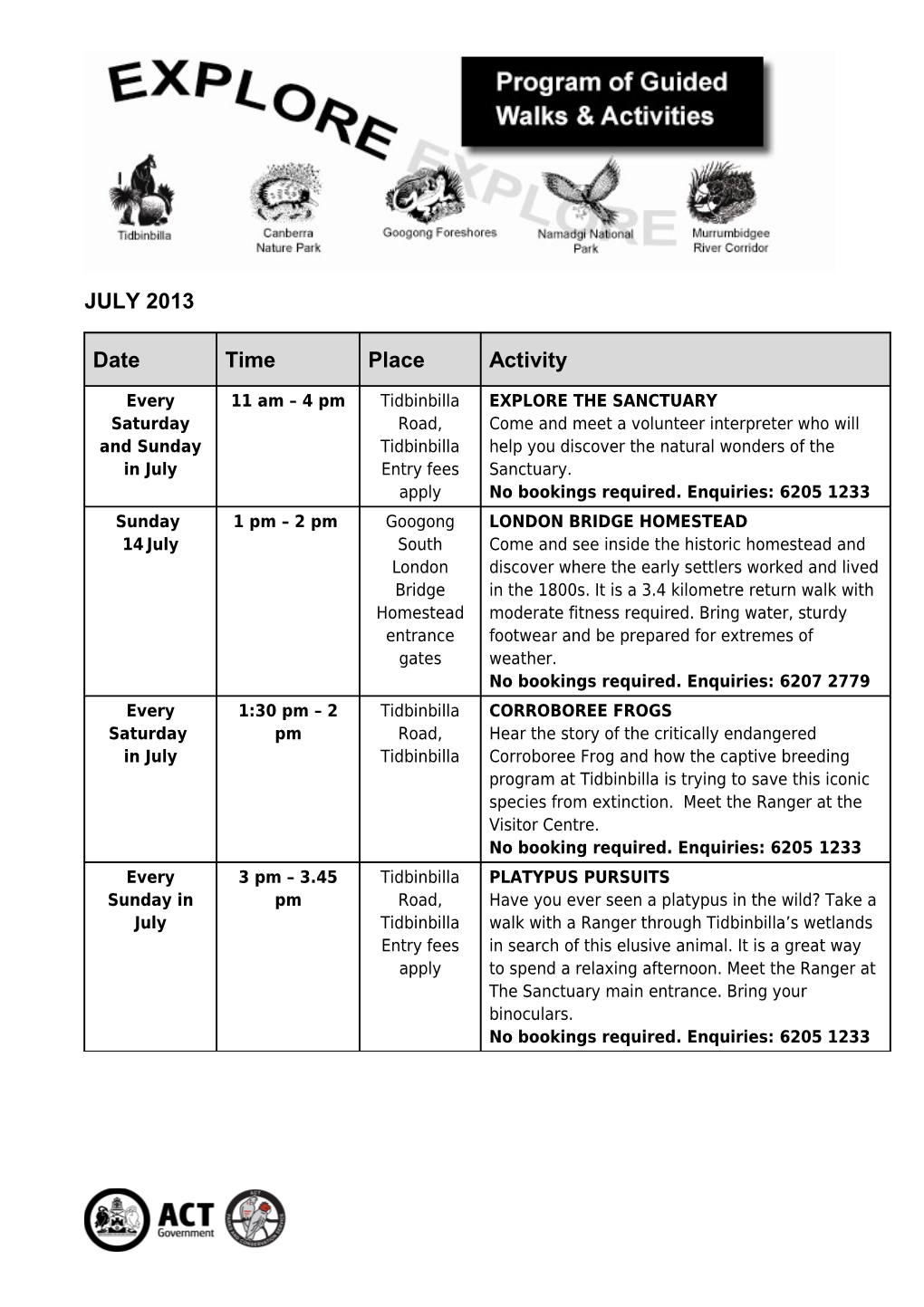 Explore - Program of Guided Walks and Activities - July 2013