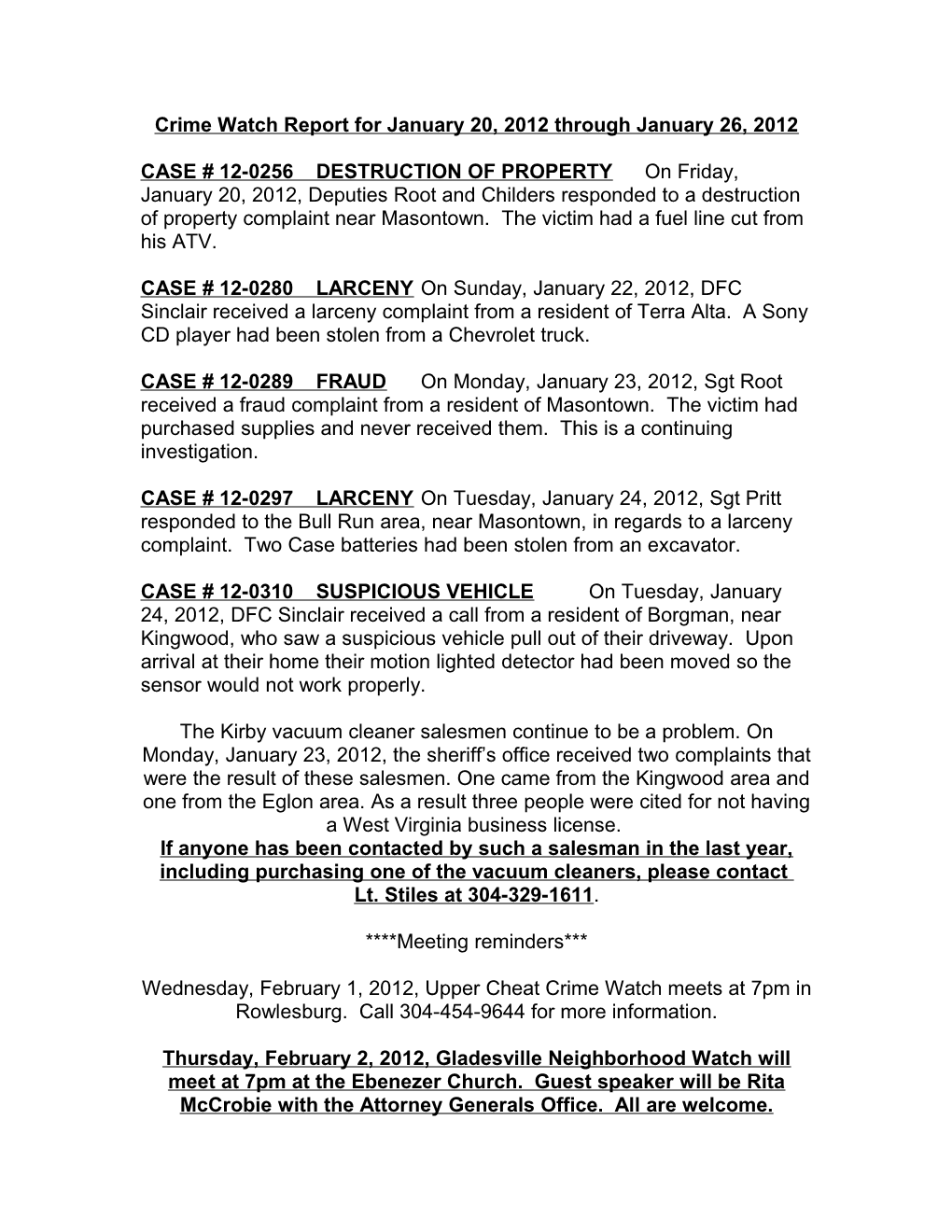 Crime Watch Report for January 20, 2012 Through January 26, 2012