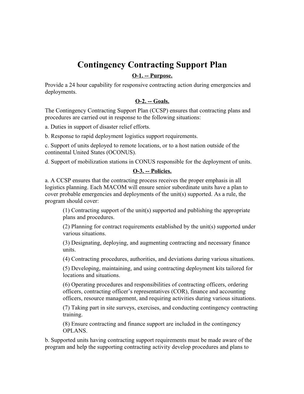 Contingency Contracting Support Plan