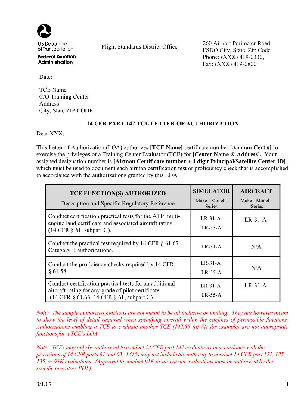 14CFR Part 142 TCE Letter of Authorization