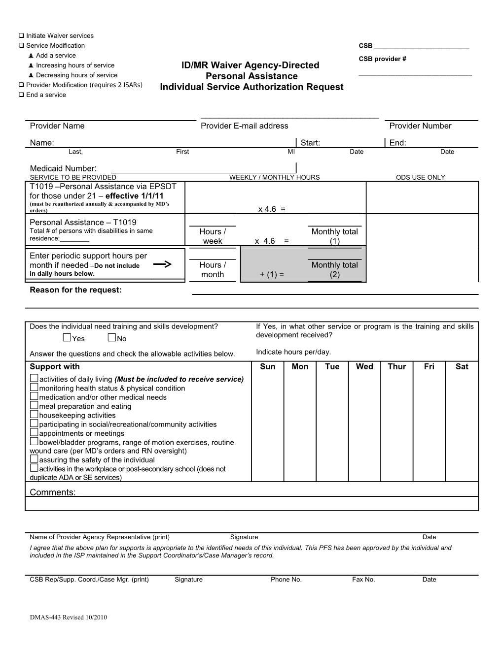 Personal Assistance Individual Service Plan