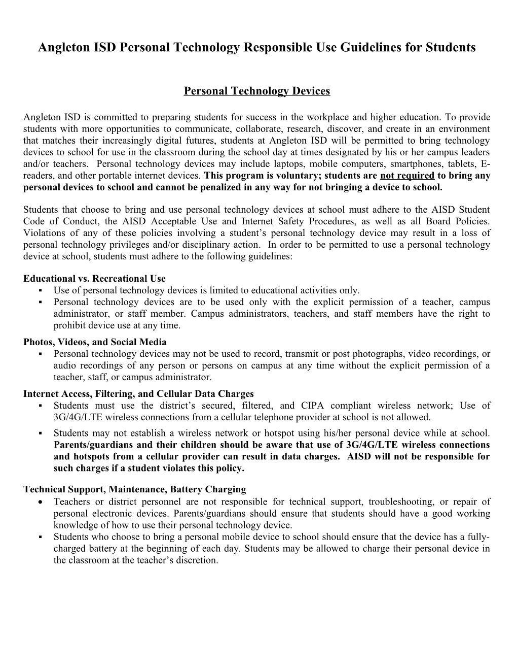 Angleton ISD Personal Technology Responsible Use Guidelines for Students