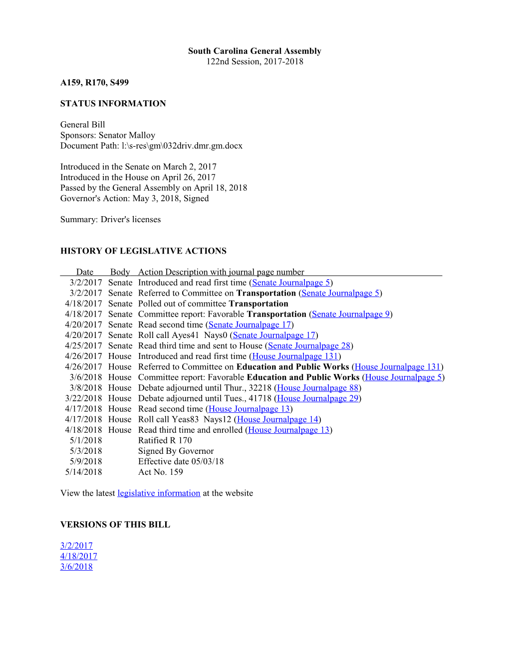 2017-2018 Bill 499: Driver's Licenses - South Carolina Legislature Online