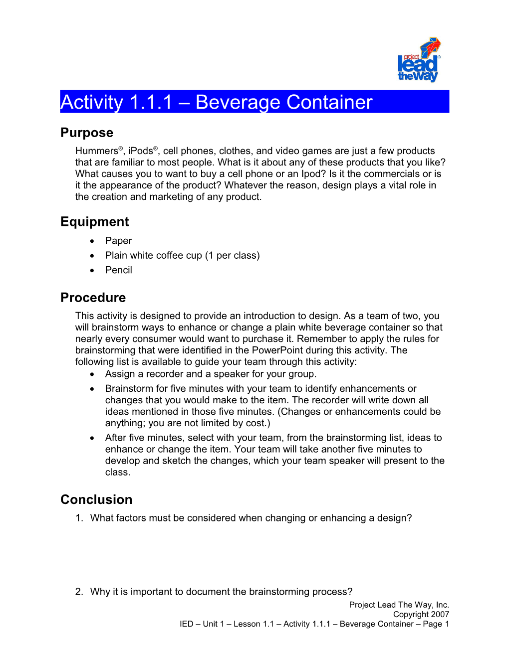 Activity 1.1.1: Beverage Container