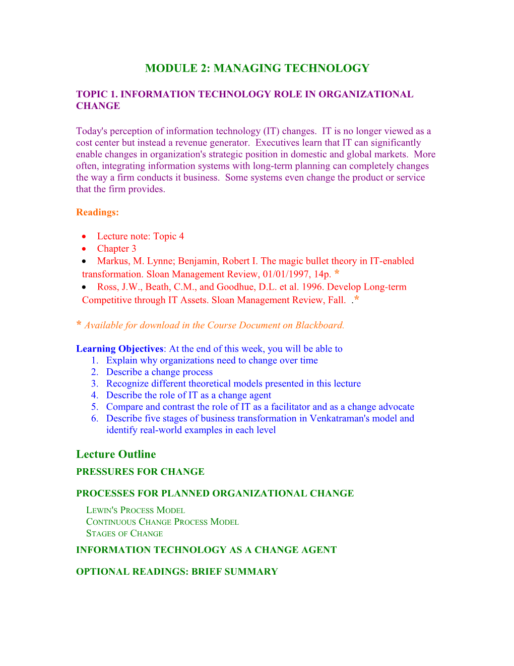 Topic 1. Information Technology Role in Organizational Change