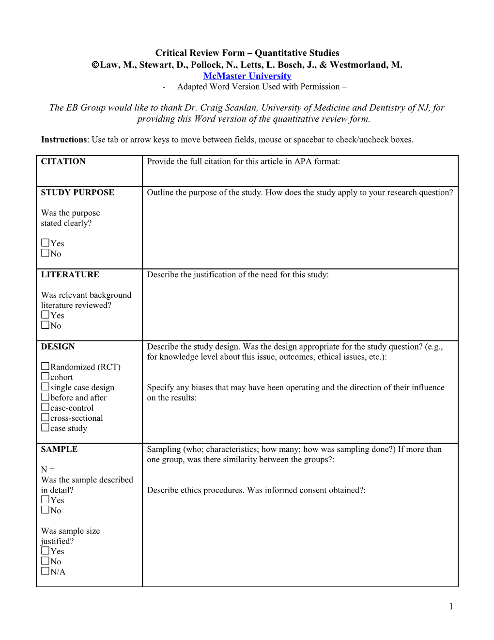 Critical Review Form Quantitative Studies