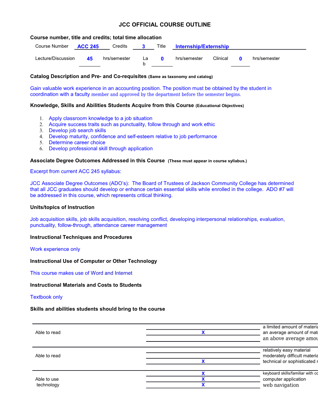 Course Number, Title and Credits; Total Time Allocation