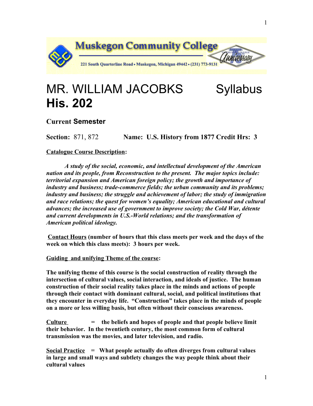 MR. WILLIAM JACOBKS Syllabus His. 202