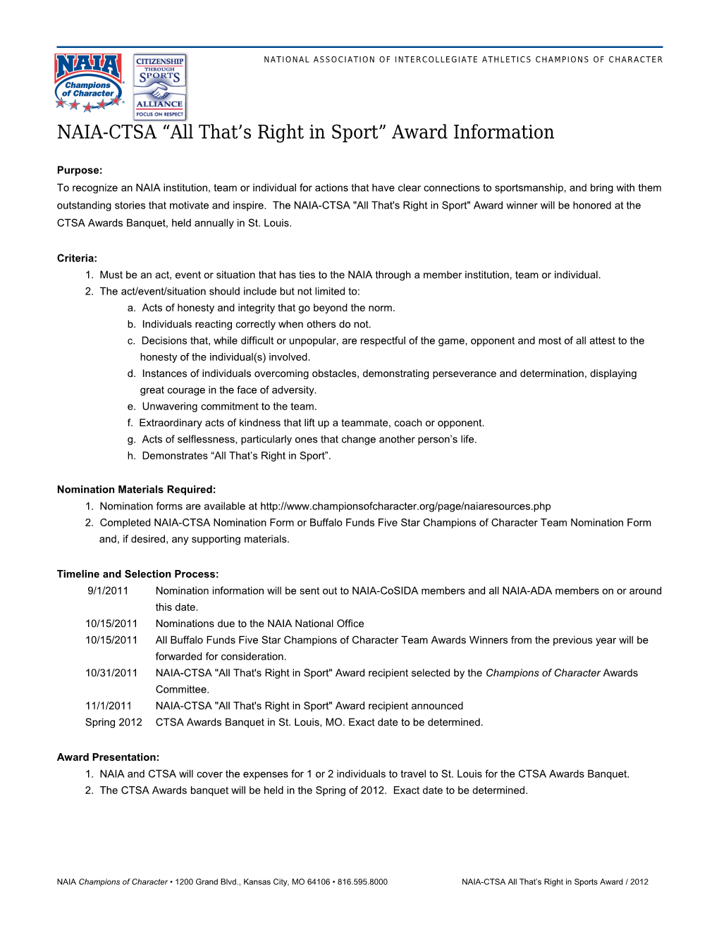 NAIA-CTSA All That S Right in Sport Award Information