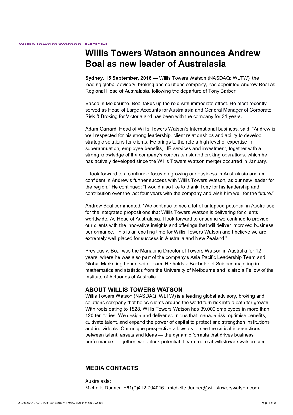 Willis Towers Watson Announces Andrew Boal As New Leader of Australasia