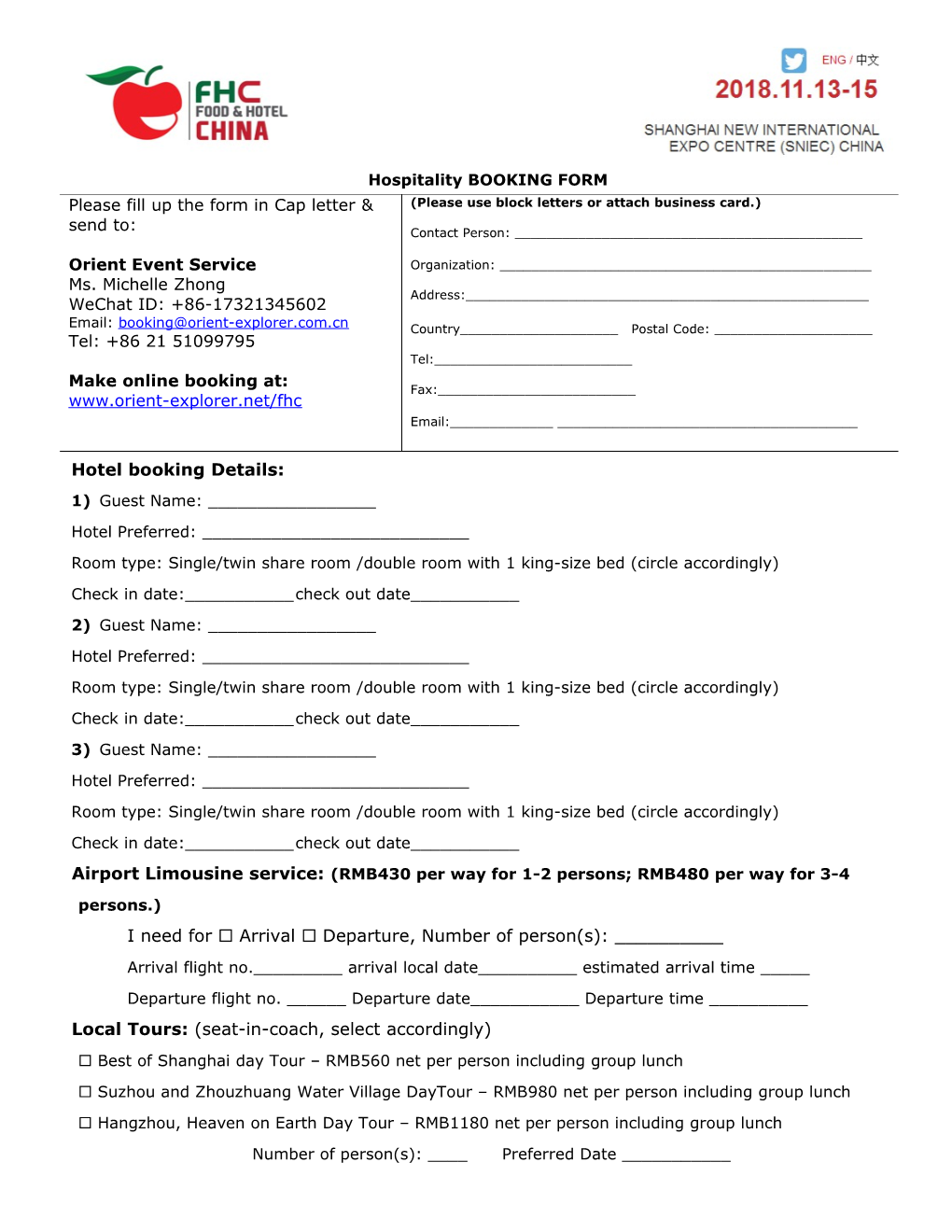 Hospitality BOOKING FORM