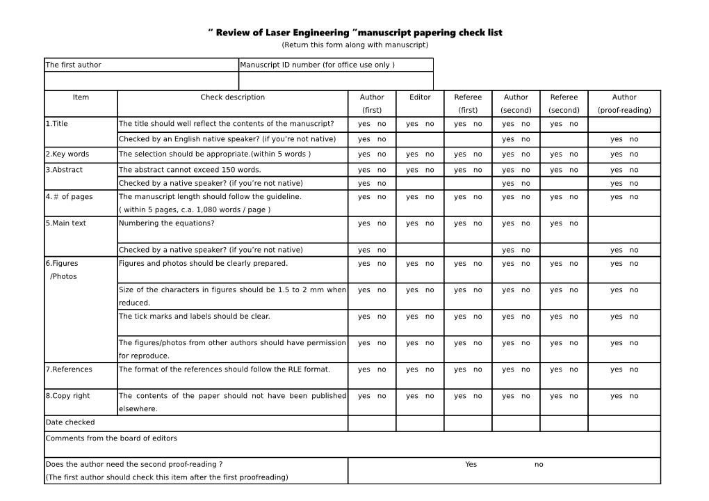 Review of Laser Engineering Manuscript Papering Check List