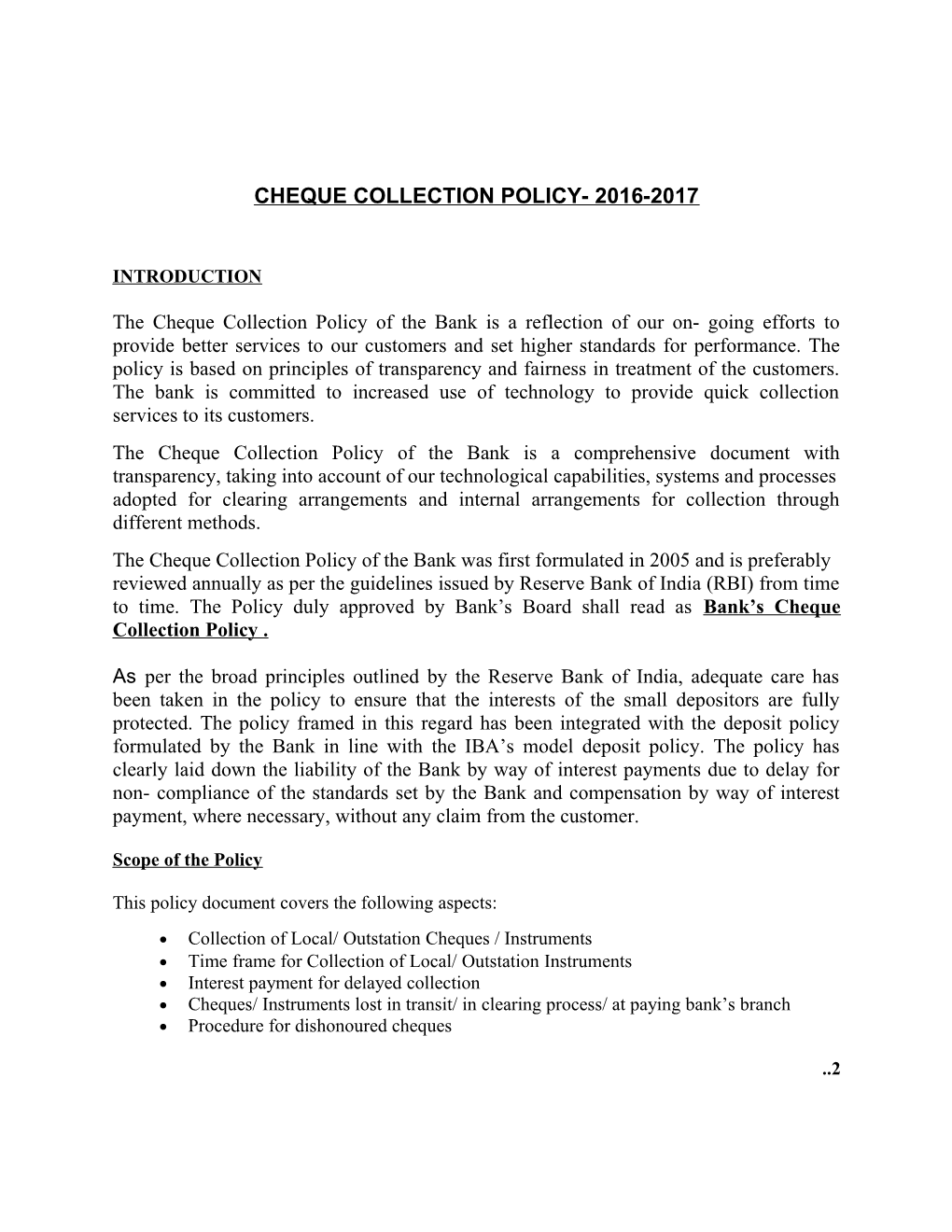 Cheque Collection Policy- 2016-2017