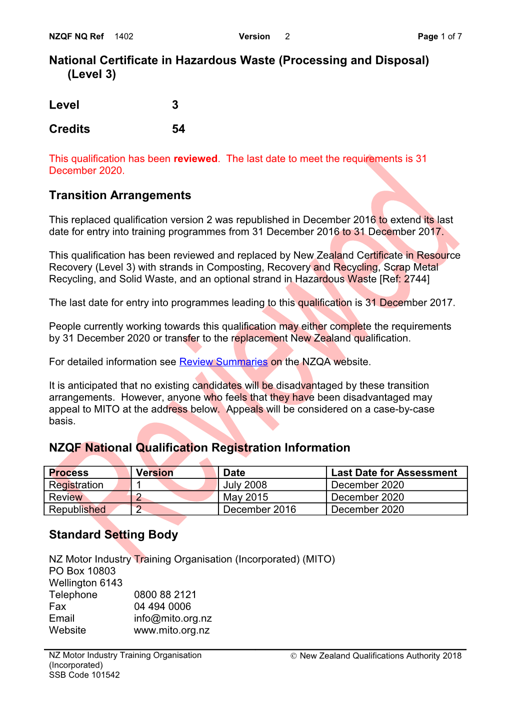 1402 National Certificate in Hazardous Waste (Processing and Disposal) (Level 3)