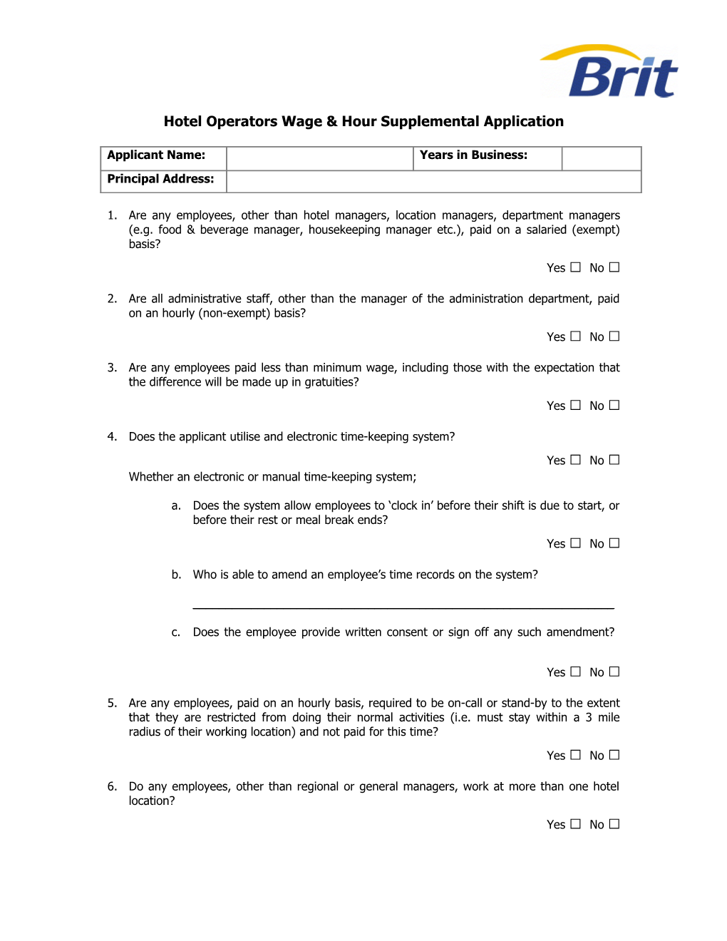 Hotel Operators Wage & Hour Supplemental Application