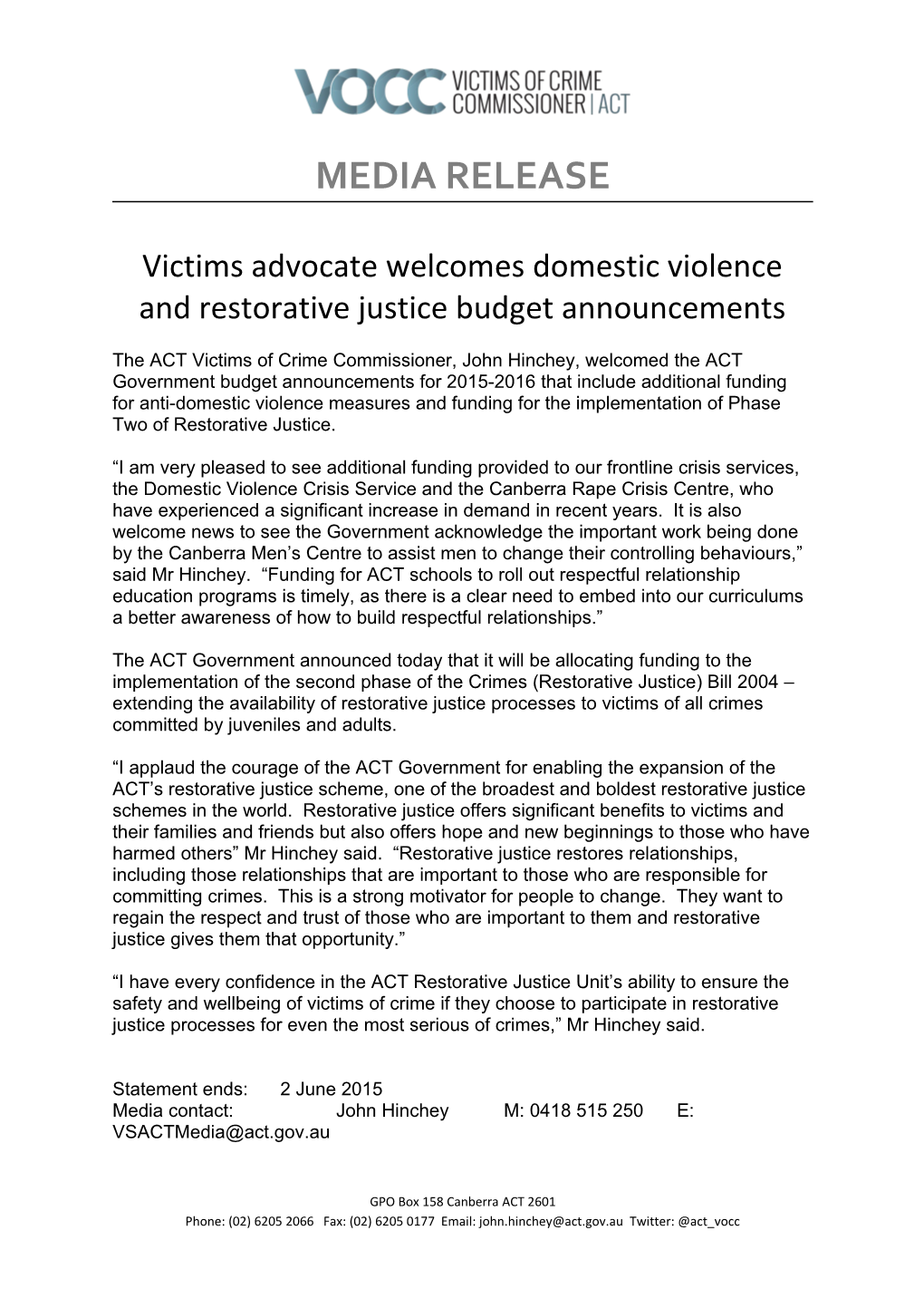 Victims Advocate Welcomes Domestic Violence and Restorative Justice Budget Announcements