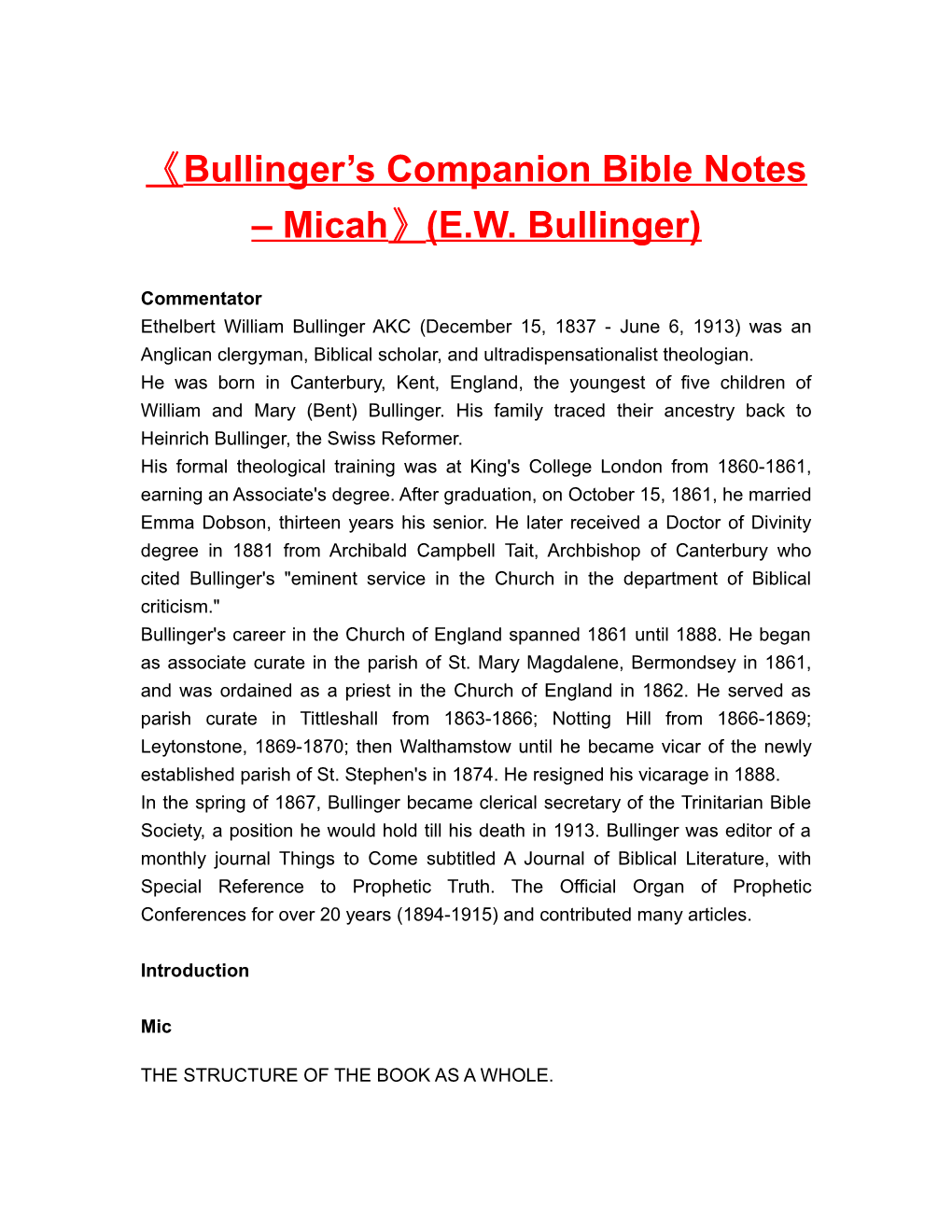 Bullinger S Companion Bible Notes Micah (E.W. Bullinger)