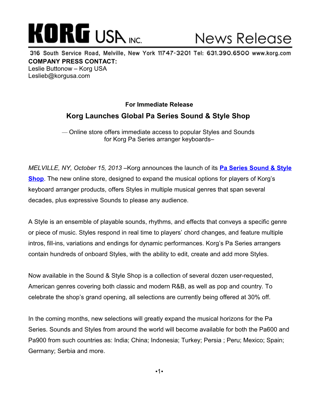 Korg Launches Global Pa Series Sound Style Shop