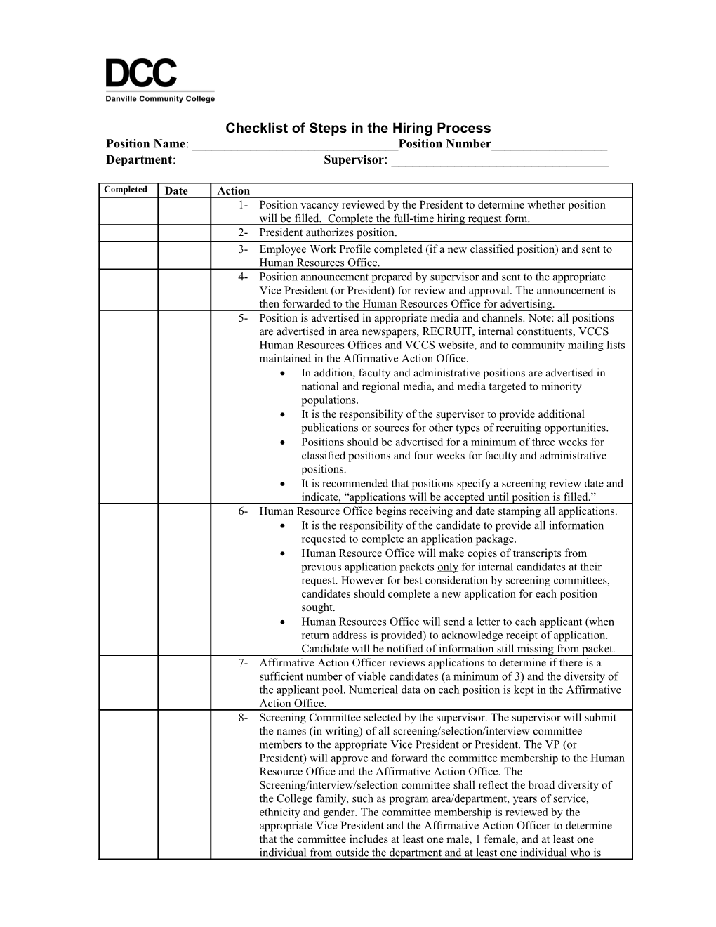 Checklist of Steps in the Hiring Procedures