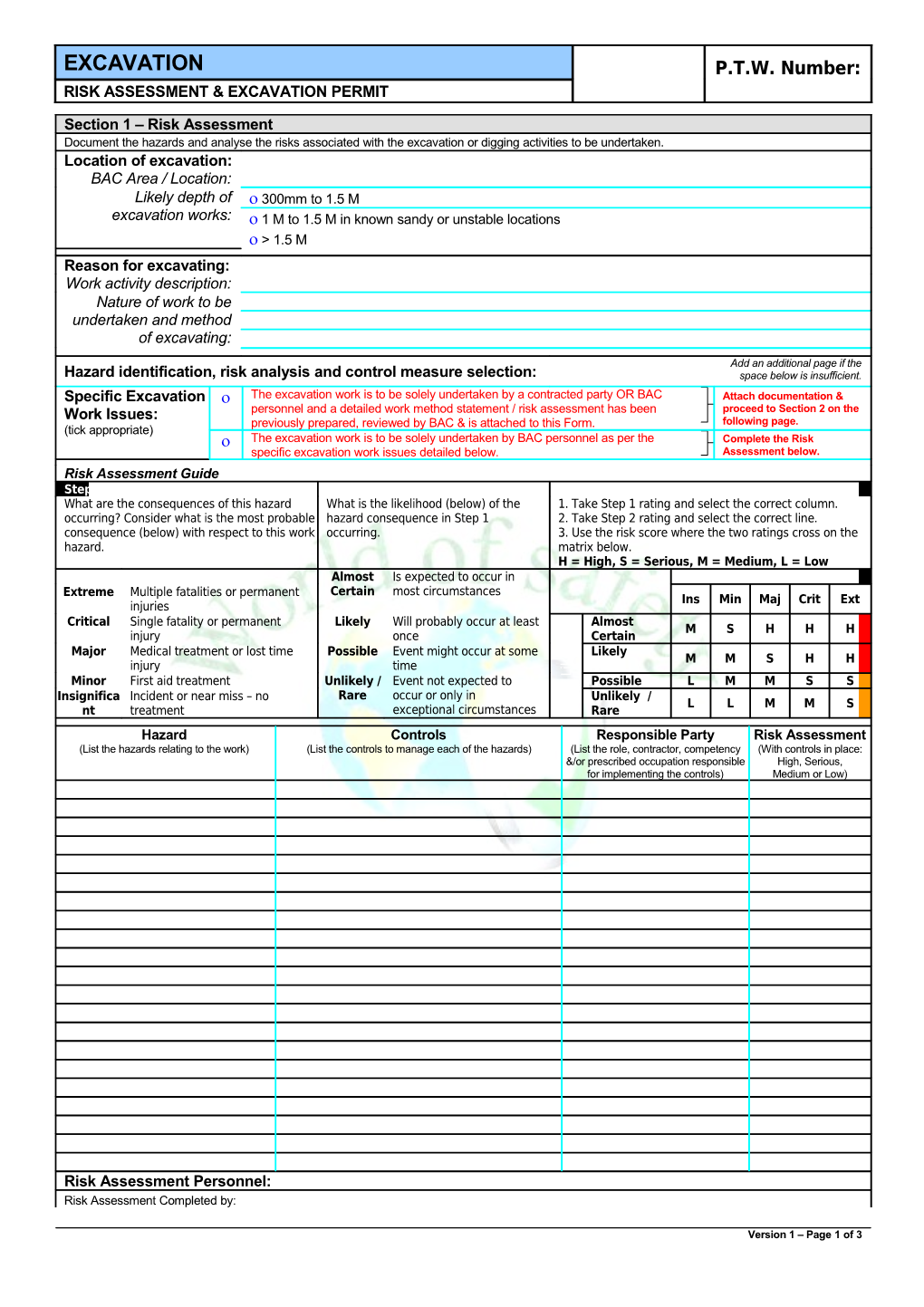 Risk Assessment & Excavation Permit