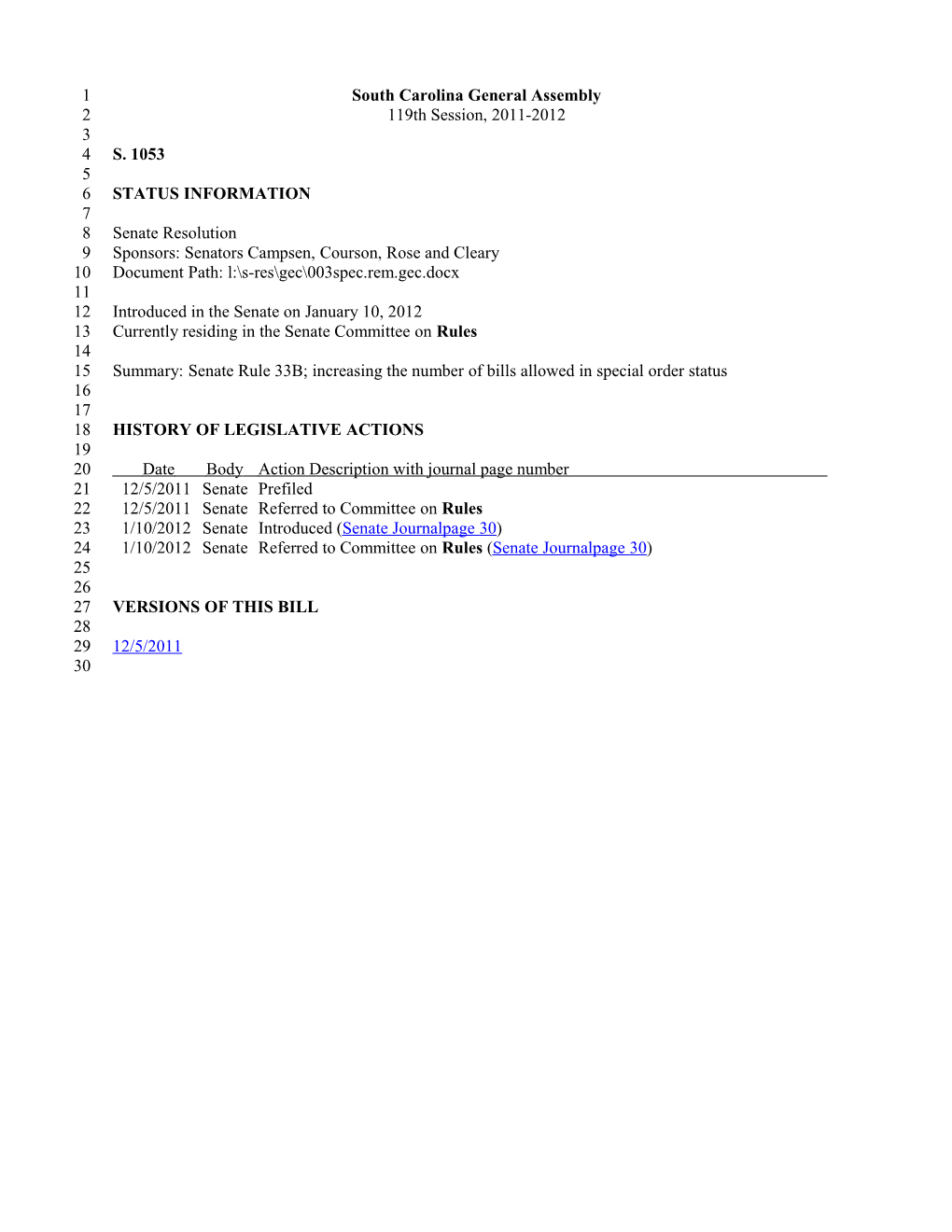 2011-2012 Bill 1053: Senate Rule 33B; Increasing the Number of Bills Allowed in Special