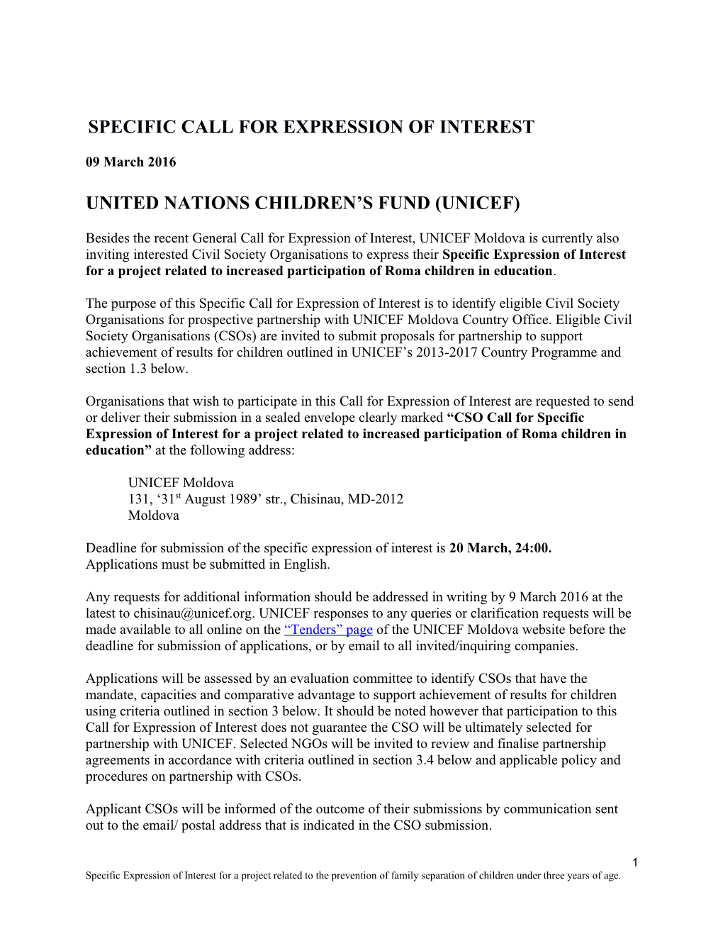 Specific CALL for EXPRESSION of INTEREST