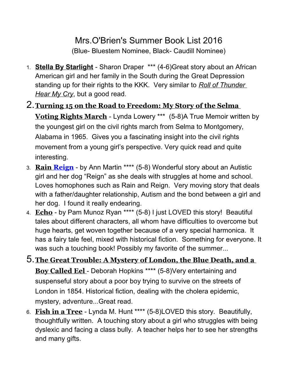 Mrs.O'brien's Summer Book List 2016