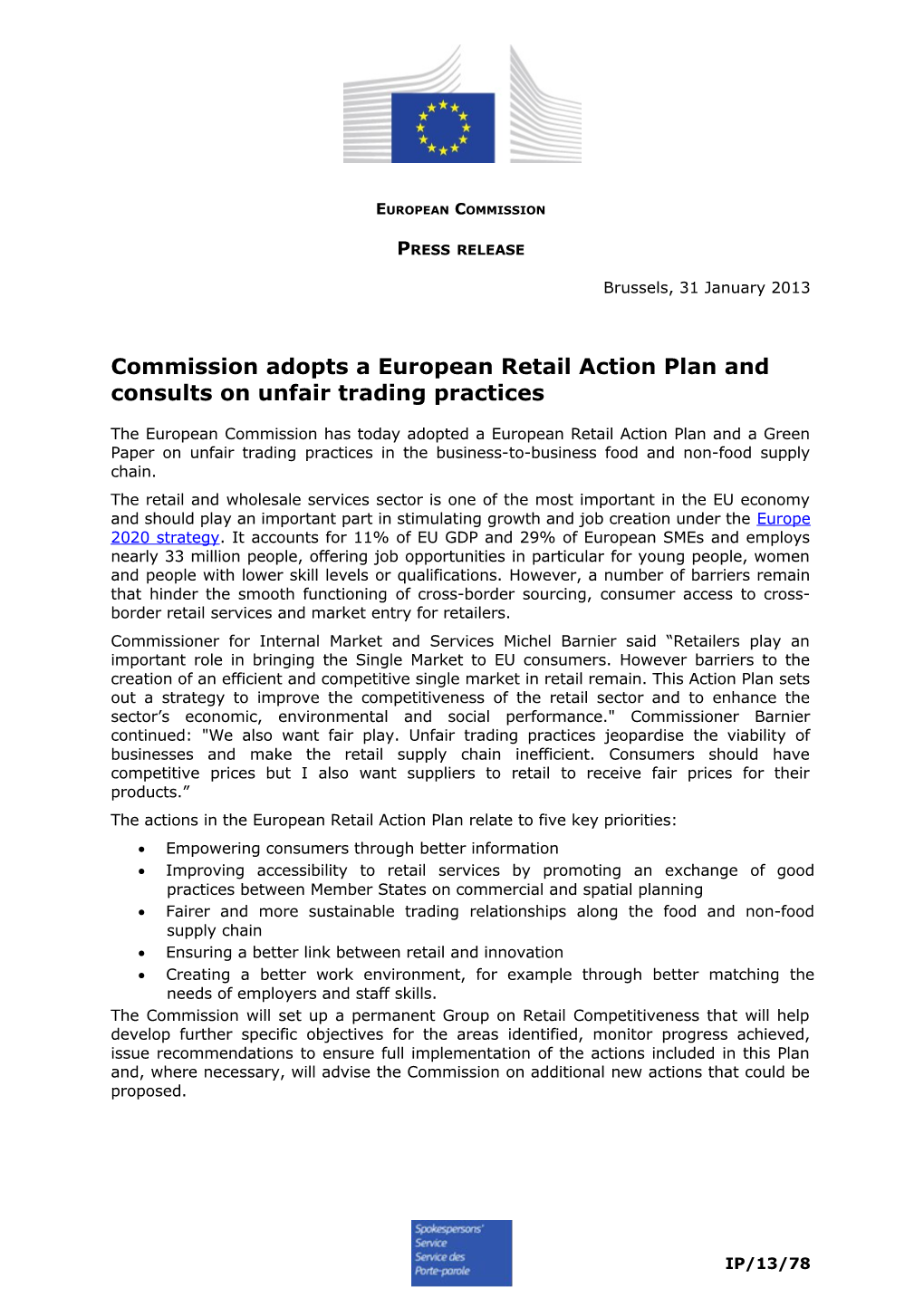 Commission Adopts a European Retail Action Plan and Consults on Unfair Trading Practices