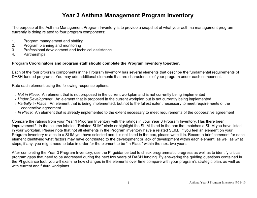 Asthma Year 3 Program Inventory