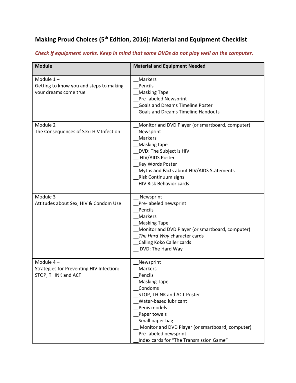 Making Proud Choices (5Th Edition, 2016): Material and Equipment Checklist