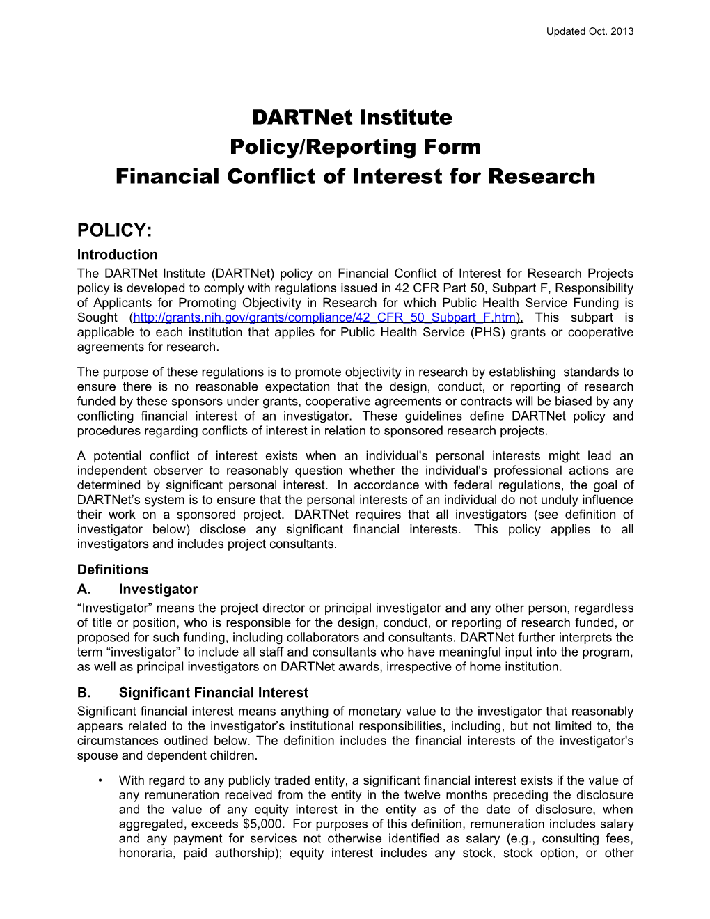 Financial Conflict of Interest for Research