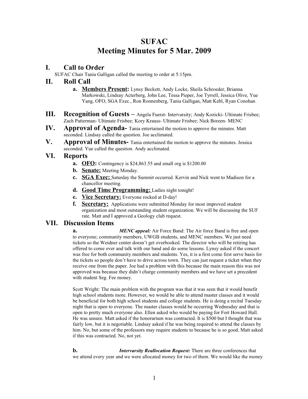 Meeting Minutes for 5Mar. 2009