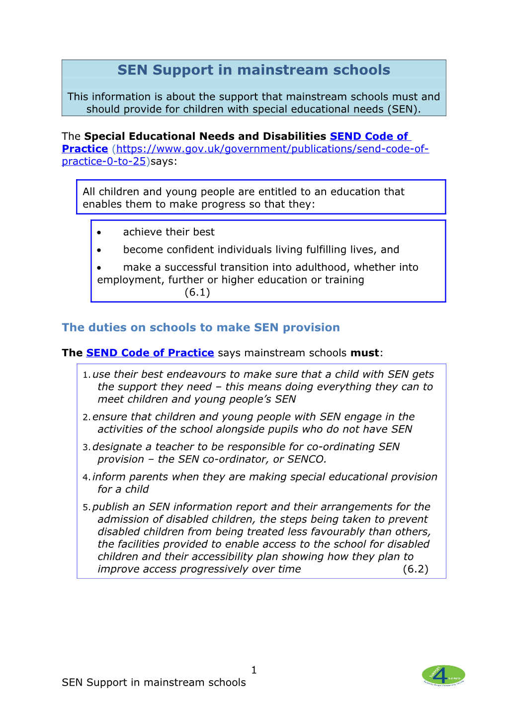 SEN Support in Mainstream Schools